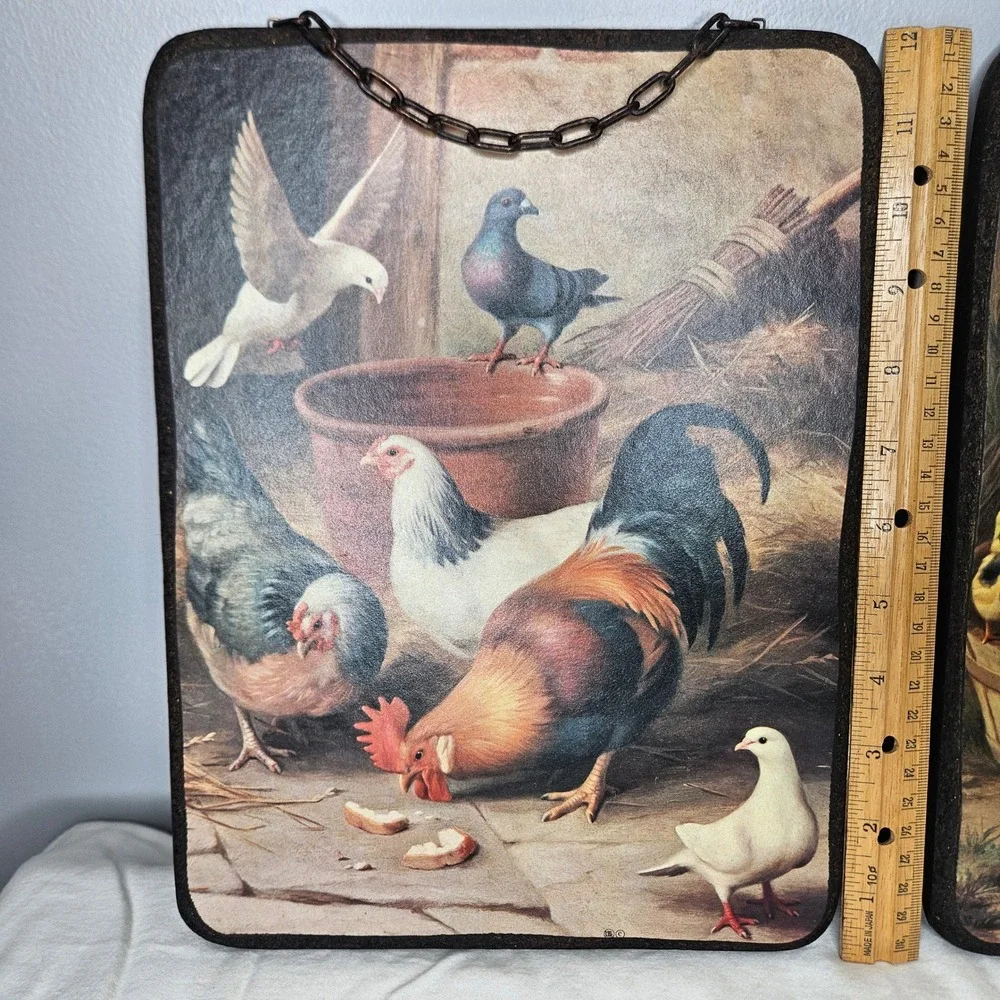 Vintage LBS Rooster Chicken Farmyard Wall Art Set of 2 Hanging Chain Plaque 12x9